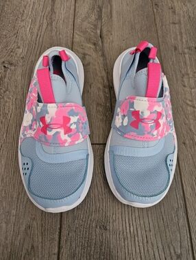 NWOT Under Armour Light Blue & Hot Pink Girls' Slip-On Sneakers- Size 2Y